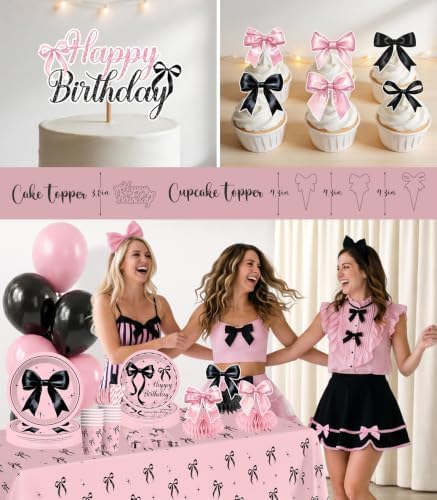 213pcs Pink and Black Bow Birthday Decorations, Serves 25 - Image 6