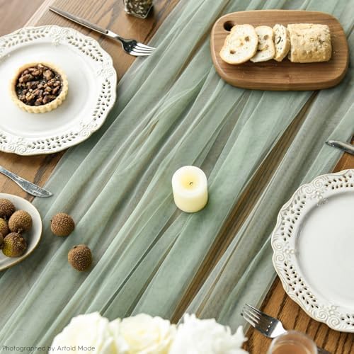 Artoid Mode 6PCS Sage Green Gauze Table Runner 120 Inch 10FT, Seasonal Sheer Kitchen Dining Holiday Wedding Birthday Baby Shower Table Decor for Home Party - Image 4