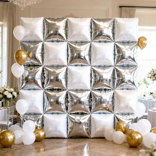 NISOCY 25PCS Metallic Silver Pearl White Square Foil Balloons Wall Backdrop - Image 6