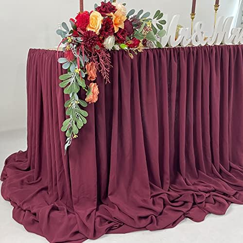 Pooling and Floating Chiffon Table Skirt with extra length, 6FT 9FT 14FT Sheer Tablecloth, Baby Shower, Birthdays Party, Main Cake Table Decoration, Wdding Table Skirt (Burgundy, 14FT) - Image 3