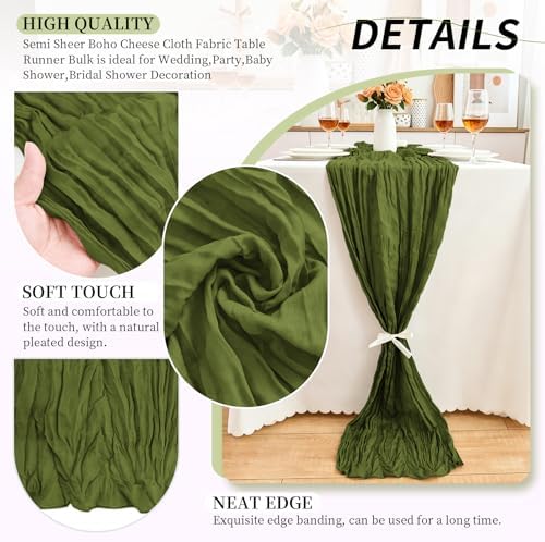 20 Pack Olive Green Cheesecloth Table Runner, 17x108 Inch Semi Sheer Boho Gauze Cheese Cloth Fabric Table Runners for Wedding Party Baby Shower Birthday Garden Farmhouse Table Decor - Image 3