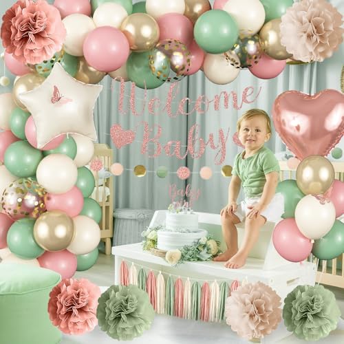 Baby in Bloom Baby Shower Decorations, Sage Green Dusty Blush Pink Gold Sand White Latex Confetti Balloons with Banner Cake Topper Pom Poms Tassel for Girls Boho Fairy Floral Birthday Party Decoration - Image 4