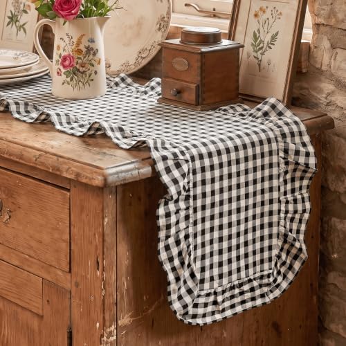 Artoid Mode Black Farmhouse Plaid Gingham Ruffle Table Runner, Seasonal Scalloped Retro Kitchen Dining Table Decoration for Home Party Decor 13x72 Inch - Image 3
