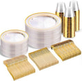 bUCLA 300Pcs Clear Gold Plastic Disposable Dinnerware Set - Clear Plates with Gold Trim Include 50 Dinner / 50 Dessert Plates,50 Cups,150 Plastic Silverware Set for Party by BUCLA