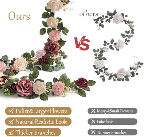 2Pcs Garisey 5FT Dusty Rose Artificial Flower Garland Blush Rose Floral Garland Arch Rose Vine for Wedding Ceremony Party Backdrop Decor Arch Flowers Mantel Table Centerpieces Decorations, Burgundy - Image 7