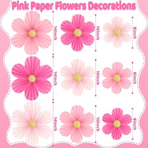 Pink Party Decorations, 9PCS Pink Paper Flowers Decorations for Wall - Image 2