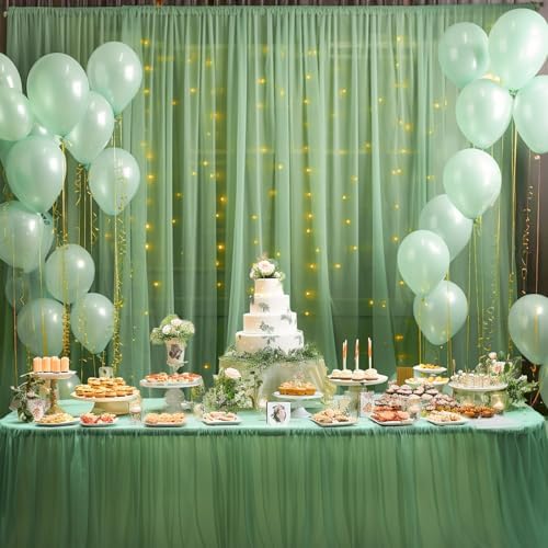 10ft x 8ft Green Backdrop Curtain with Lights String for Parties, Sheer Tulle Wedding Photo Backdrops Drapes for Baby Shower Birthday Party Decorations Background for Photography - Image 3