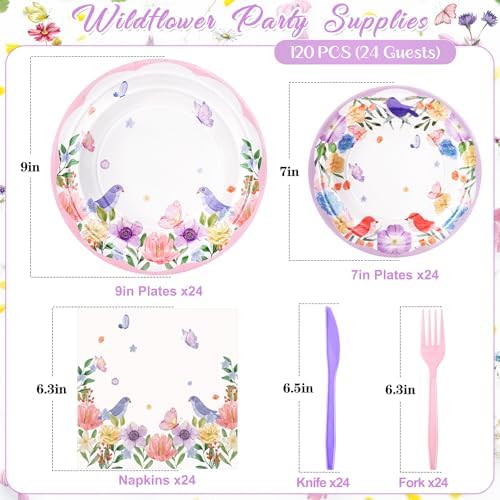 120PCS Wildflower Birthday Party Supplies, Pink Purple Floral Plates Set - Image 2