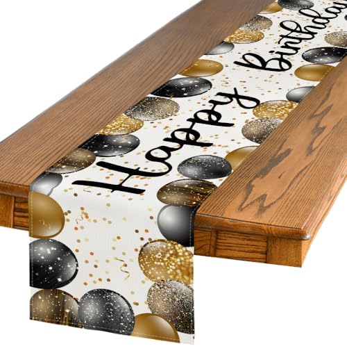 Artoid Mode Beige and Golden Balloon Happy Birthday Table Runner, Seasonal Kitchen Dining Table Decoration for Home Party Decor 13x72 Inch by ArtoidMode