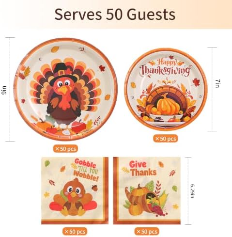 Goodluck 200 PCS Thanksgiving Turkey Plates (9in & 7in) and Napkins Set - Image 2