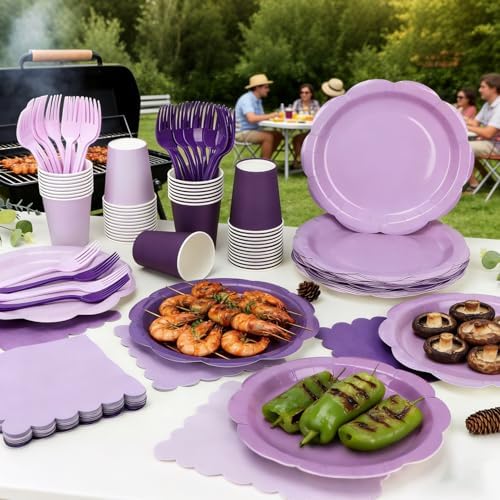 Purple Plates and Napkins Party Supplies, 9’’ Pastel Purple Disposable Paper Plates and Cups and Napkins Set for Baby Shower, Birthday, Wedding Party Decorations Serves 48 - Image 6