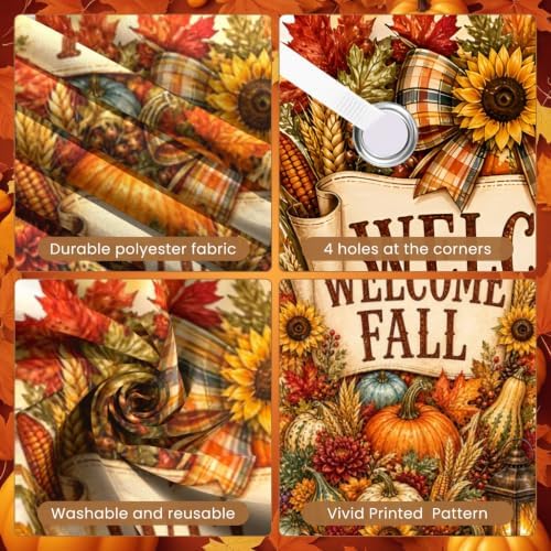 Fall Door Banner 35x71 Inch Welcome Fall Vertical Front Door Cover Pumpkins Sunflowers Maple Leaves Wheat Harvest Hanging Flag for Autumn Porch Yard Wall Farmhouse Thanksgiving Home Outdoor Decor - Image 3