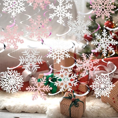 Snowflake Decorations, Christmas Hanging Decor, Pink White Silver, 30-Pc - Image 3