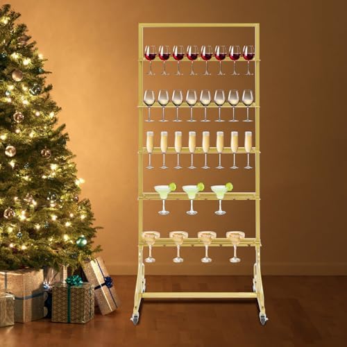 Champagne Tower Stand, 5-Tier Metal Champagne Flutes Display Stand Champagne Wall Holder for Party Champagne Rack Shelf Wine Glass Rack Hold 40 Glasses with Swivel Casters (Gold) - Image 5