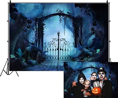 Mystical Forest Backdrop for Halloween Eve Party Dark Blue Moonlight Enchanted Woods Iron Gate Spooky Tree Foggy Night Photography Background Photo Booth Studio Props 5x4ft - Image 3