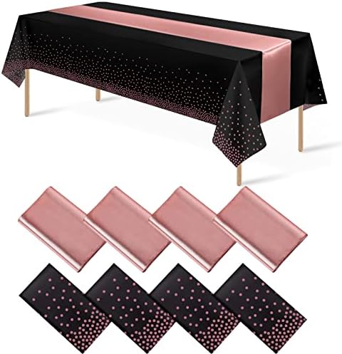 8Pack Disposable Plastic Tablecloths and Satin Table Runner Set Black and Rose Gold Dot Tablecloth Gold Satin Table Runner for Wedding Birthday Baby Shower Anniversary Christmas New Year Party Supply by MASHAN
