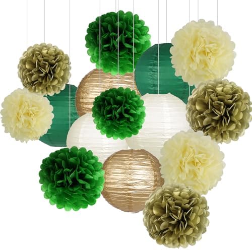 Paper Lanterns Paper Pom Poms Green and Gold Party Decorations 15pcs by zilue