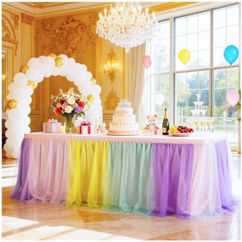 THARAHT Tulle Table Skirt 14FT 420CM Long for Rectangle Tables Round Tables Ruffle Desk Skirt for Princess Girls Birthday Party Cake Dessert Decorations Table Skirt - Image 5