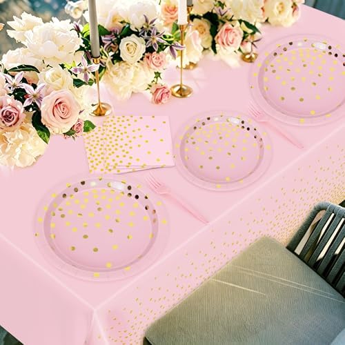 122 Pcs Pink Plates and Napkins Party Supplies, Birthday Decorations for Women Serves 30, Girl Baby Shower Decorations with Wedding Paper Plates, Golden Pink Party Supplies with Fork and Tablecloth - Image 6