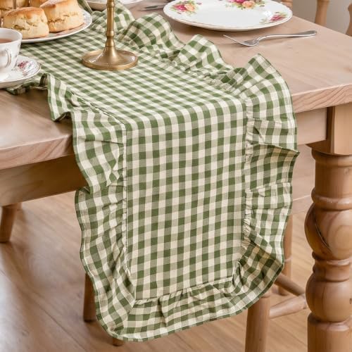 Artoid Mode Green Farmhouse Plaid Gingham Ruffle Table Runner, Seasonal Scalloped Spring Kitchen Dining Table Decoration for Home Party Decor 13x60 Inch by ArtoidMode