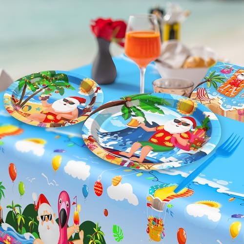 QZYL 122Pcs Summer Christmas Decorations, Tropical Beach Plates Party Supplies, Disposable Xmas in July Plates, Napkins, Cups, Forks and Tablecloth for Beach Pool Party, Serves 30 Guests​ - Image 7