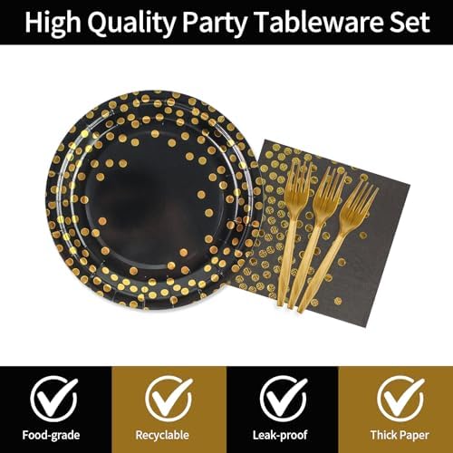 48PCS Black and Gold Plates and Napkins Party Supplies, Gold Dot Disposable Paper Plates and Napkins with Forks Tableware Set for Birthday Wedding Retirement Graduation Party Decorations 16 Guests - Image 3