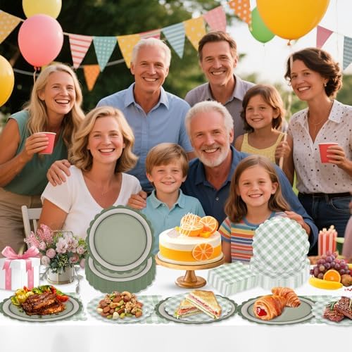 150 Pcs Sage Green Gingham Party Supplies, Green Plaid Scalloped Plates 9 Inch Disposable Checkered Dinner Dessert Plates and Cocktail Napkins for Birthday Wedding Baby Shower BBQ Party, Serve 50 - Image 3