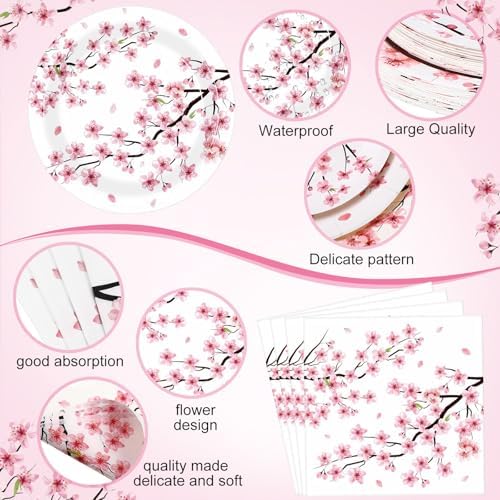 Funnymoom 452 Pcs Cherry Blossom Party Decorations Supplies Include Cherry Blossom Paper Plates Napkins Cups Tablecloth Cutlery Straws for Baby Shower Birthday Bridal Shower Wedding Party - Image 2
