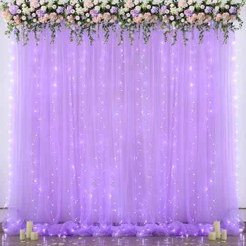 Lavender Tulle Backdrop Curtain with Led Lights for Wedding Baby Shower Girls 10ft X 8ft Lilac Lavender Sheer Backdrop Curtain for Birthday Party Bridal Shower Photoshoot Background Decorations - Image 3