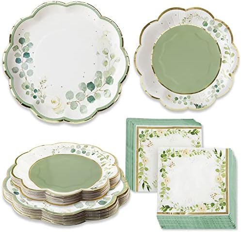 Kate Aspen Sage Green Party Decorations, Eucalyptus Floral Botanical Garden 62 Piece Plates and Napkins Party Supplies (16 Guests) Greenery Baby Shower Decorations & Bridal Shower Decor by KateAspen