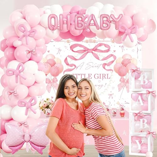 143Pcs Pink Bow Baby Shower Decorations for Girl, Coquette Party Supplies with 5x3ft Backdrop, 4 Baby Boxes with Letters, Balloon Garland Arch Kit, Tablecloth & Cake Toppers for It's a Girl Reveal - Image 3