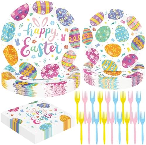 QZYL 96 Pcs Easter Plates and Napkins Set, 9 and 7 Inches Colorful Spring Egg Design Paper Plates Napkins Forks, Disposable Tableware for Easter Decoration Spring Picnic Supplies, Serve 24 Guests by QZYL