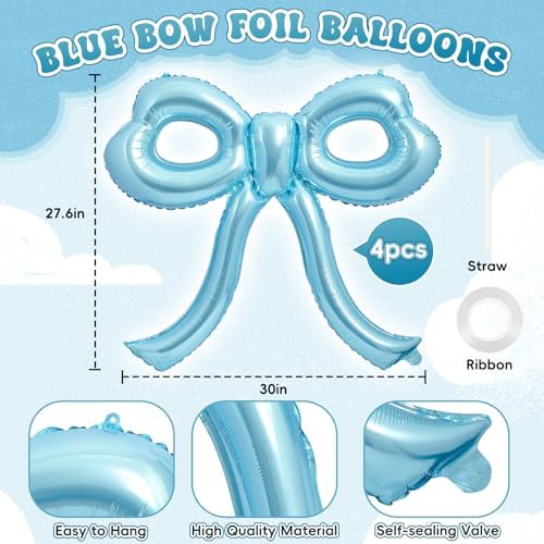 4 Pcs Blue Bow Balloons Bow Birthday Party Decorations for Girl Women Bow Decor Blue Birthday Decorations Giant Light Blue Balloons for Baby Shower Bridal Bachelorette Party Supplies - Image 2