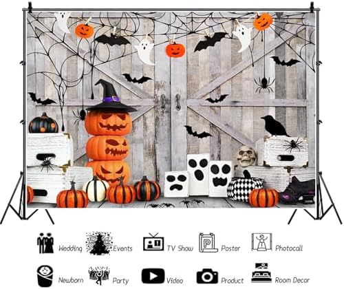 Rustic Halloween Backdrop Vintage Wood Barn Door Pumpkins Lanterns Ghost Bat Skull Background for Halloween Party Decorations Horror Photography Studio Banner Photo Booth Props 12x10ft - Image 6