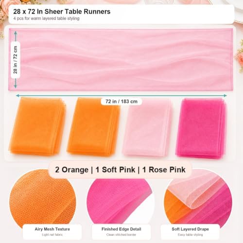 4 Pcs Pink and Orange Sheer Table Runner for Party Decorations - Image 2