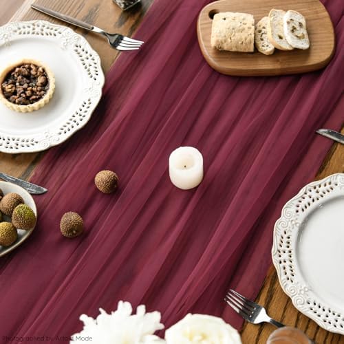 Artoid Mode 10PCS Burgundy Gauze Table Runner 120 Inch 10FT, Seasonal Sheer Kitchen Dining Holiday Wedding Birthday Baby Shower Table Decor for Home Party - Image 5