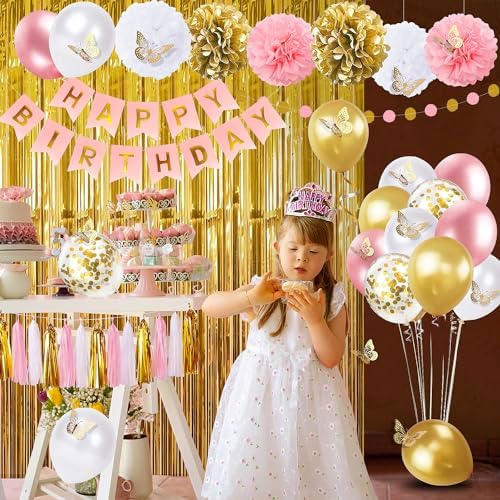 Pink and Gold Birthday Party Decorations for Women with Happy Birthday Banner,Curtains, Butterfly Wall,Circle Dots Garland,Tissue Pompoms,Paper Tassels Garland for Her - Image 4