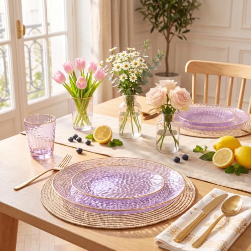Rubtlamp 60Pcs Clear Purple Gold Plastic Plates, Purple Disposable Plates With Gold Rim, Hammered Plastic Plates Include 30 Clear Dessert Plates, 30 Dinner Plates for Party - Image 4