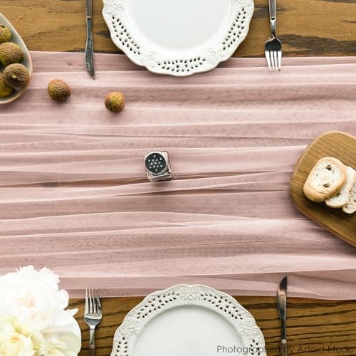 Artoid Mode Dusty Rose Gauze Table Runner 120 Inch 10FT, Seasonal Sheer Kitchen Dining Holiday Wedding Birthday Baby Shower Table Decor for Home Party - Image 2