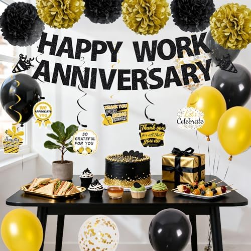 Happy Work Anniversary Decorations Banner, Black Gold Work Anniversary Set - Image 5