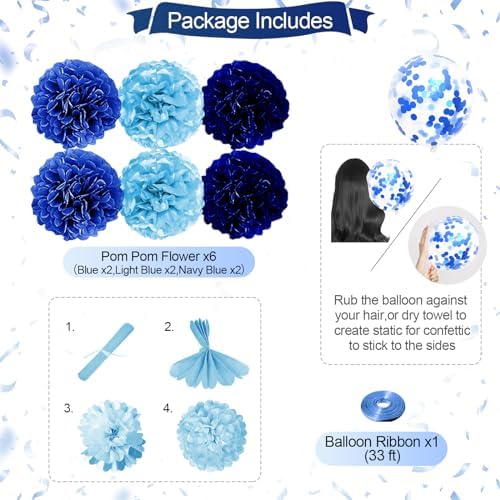 Blue Birthday Party Decorations for Boys Men Happy Birthday Banner Balloons Navy Royal Light Blue Pom Poms Foil Curtain Décor Party Decorations for Baby Boy - Image 3