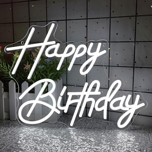 Happy Birthday Neon Sign for Wall Decor, LED Happy Birthday Light Up Sign, Dimmable LED Birthday Neon Light for Birthday Party Decorations Backdrop, White by AYwyYjCh