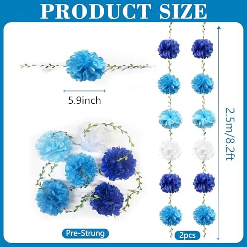 Blue White Party Decorations Ombre Blue Tissue Paper Flowers Pom Pom with Leaf Ribbon Hanging Garland Streamer for Birthday Wedding Shower Under The Sea Nautical Ahoy Achor Party Supplies - Image 2