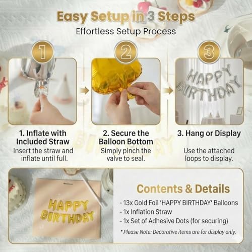 Gold Happy Birthday Banner Foil Letter Balloon, 14 Inch 3D Inflatable Party Decor Reusable Mylar Foil Letters, Birthday Decorations for Women Men Kids (Birthday Banner 2) - Image 5