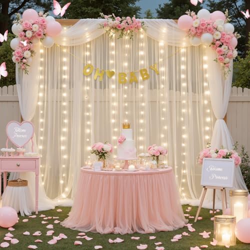 Ivory Sheer Backdrop Curtains with Lights String for Parites Wedding 10×8ft Tulle Backdrop Curtains for Baby Shower Birthday Party Photo Shoot Background Decorations - Image 3