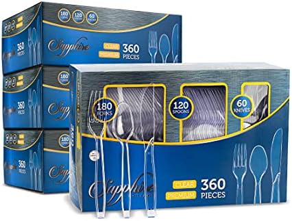 PARTY BARGAINS Disposable Cutlery Set 1440-Piece – Sapphire Settings Clear Plastic Forks Spoons Knives – Heavy-Duty Utensils for Parties Catering Weddings & Events – BPA Free by PARTYBARGAINS