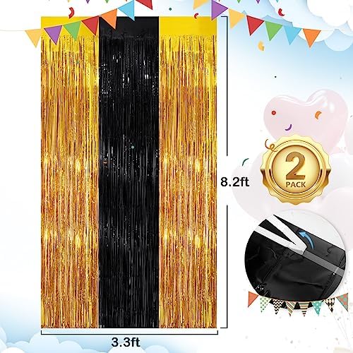 Black Gold Party Decorations, 2 Pack Tinsel Backdrop Foil Fringe Curtains - Image 4