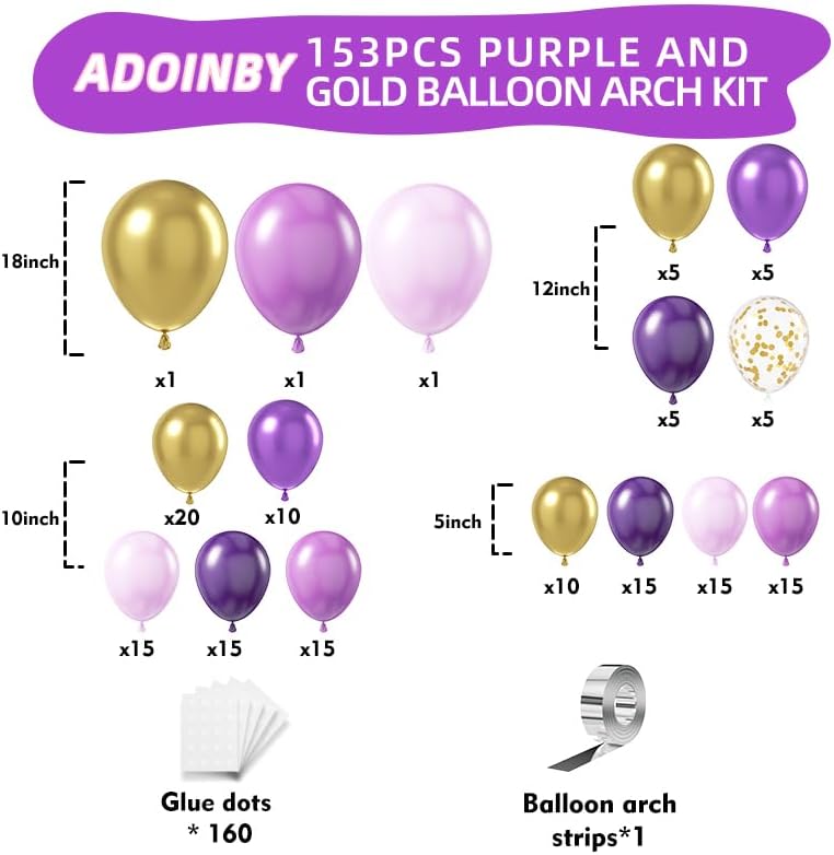 Purple Balloon Arch Kit, ADOINBY 153Pcs Different Sizes inch Lavender Metallic Purple and Gold Balloons and Confetti Party Balloon Garland Kit for Women Birthday Baby Shower Wedding Party Decorations - Image 2