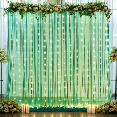 10ft x 8ft Hunter Green Tulle Photo Backdrop Curtain with Lights String for Christmas Party Sheer Curtain Backdrop Drapes for Birthday Party Holiday Wedding Photo Booth Background Room Decorations by Suppromo