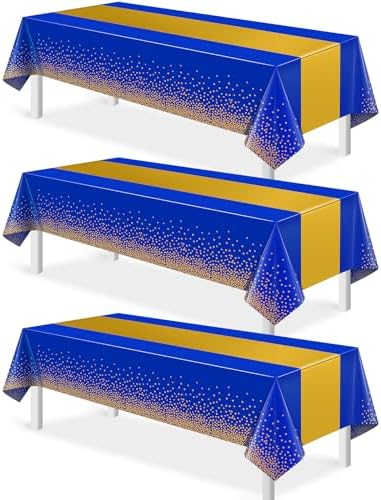 3Pcs Blue and Gold Tablecloth Party Decorations,Plastic Royal Blue Table Cloth Printed Gold Tables Runner Disposable Rectangle Table Cover for Birthday Anniversary Wedding Graduation Party,54 x108Inch by MASHAN